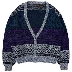 Vintage Michael Gerald Geometric Knit Pattern Cardigan Sweater Teal Purple Gray